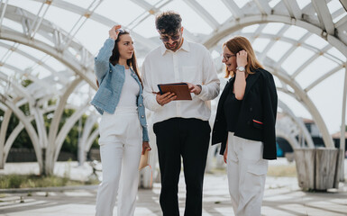 Three business partners standing outdoors, engaging in a discussion with a tablet under a contemporary architectural structure.