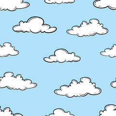 Vector Hand Drawn Clouds Seamless Pattern. Cartoon clouds repeatable  texture in retro style. Clouds Set in Hand Drawn Vintage Retro Style Clouds Pattern for print, wrapper,  fabric textile, web uses.