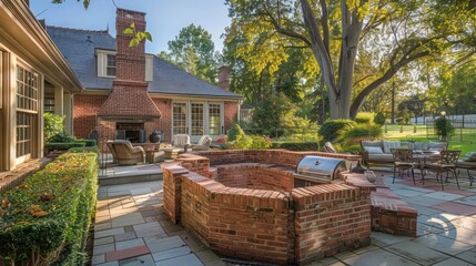 Naklejka premium Suburban Colonial home's traditional brick barbecue pit, surrounded by a paved patio and outdoor seating for summer cookouts