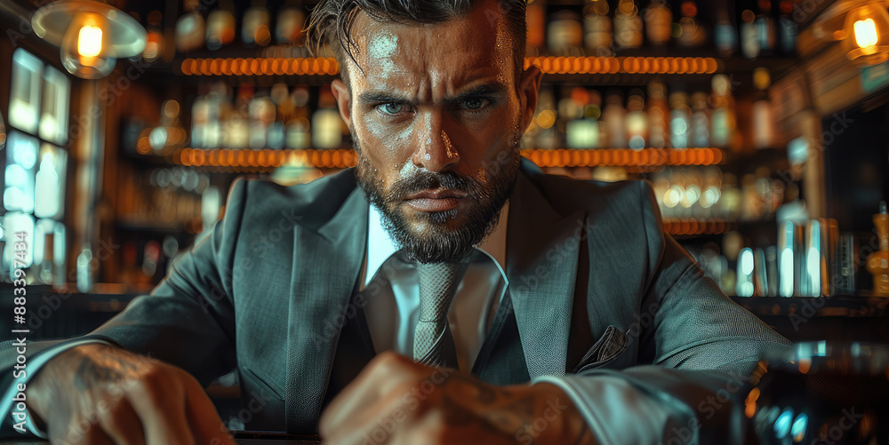 Poster a man with small beard slicked angry wearing a suit in a high end bar. generative ai.