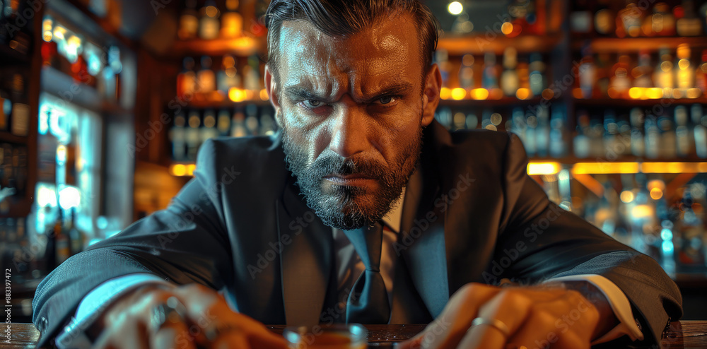 Poster a man with small beard slicked angry wearing a suit in a high end bar. generative ai.