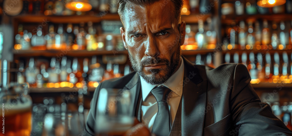 Canvas Prints A man with small beard slicked angry wearing a suit in a high end bar. Generative AI.