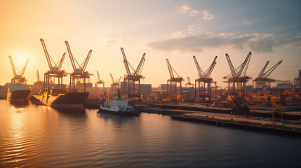 Industrial port with cargo ships and cranes at sunset, waterfront logistics