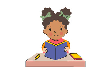 Children's School. Girl reading a book. Child learning in school. Ideal for children's education, and school themes. Back to School. Vector flat illustration. 
