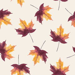 Fototapeta premium Seamless pattern of autumn maple leaves. Hand drawn vector illustration on beige background
