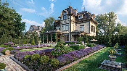 Fototapeta premium Suburban Victorian home with a formal parterre garden, meticulously designed with lavender borders and a variety of aromatic herbs