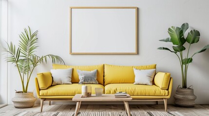 Frame mockup, yellow sofa and wooden table in living room interior, Generative Ai.