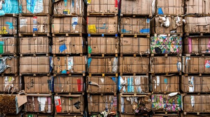 A stack of compressed cardboard bales prepared for recycling. The bales are neatly bound and organized in rows.