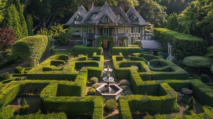 Suburban Victorian home with a formal English maze, complete with sculpted hedges, hidden alcoves, and a central fountain