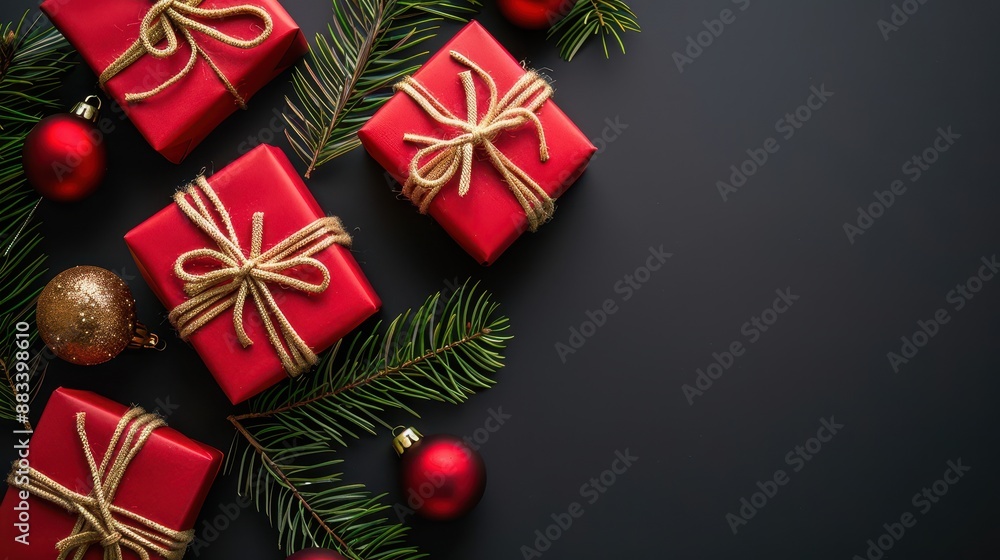 Poster a bunch of presents wrapped in red paper and tied with twine