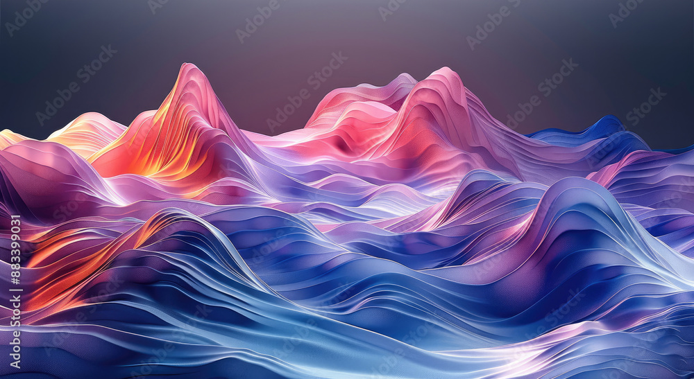 Poster 3d render of an abstract landscape with surreal mountains, fluid hills, and triangular melting valle