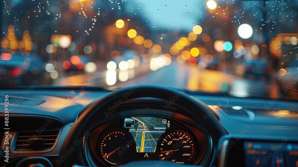 Poster Close-up of mobile navigation in the car, showing weak signal, soft lighting. Generative AI.