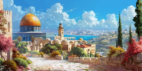 Obraz premium oil painting style illustration beautiful Mediterranean seascape on sunny day with gorgeous view