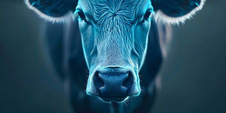 Futuristic digital holographic cow image demonstrates advanced technology in agriculture and veterinary. Concept Digital Technology, Agriculture Innovation, Holographic Imagery, Future of Farming