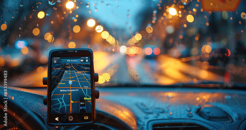 Poster Close-up of mobile navigation in the car, showing weak signal, soft lighting. Generative AI.