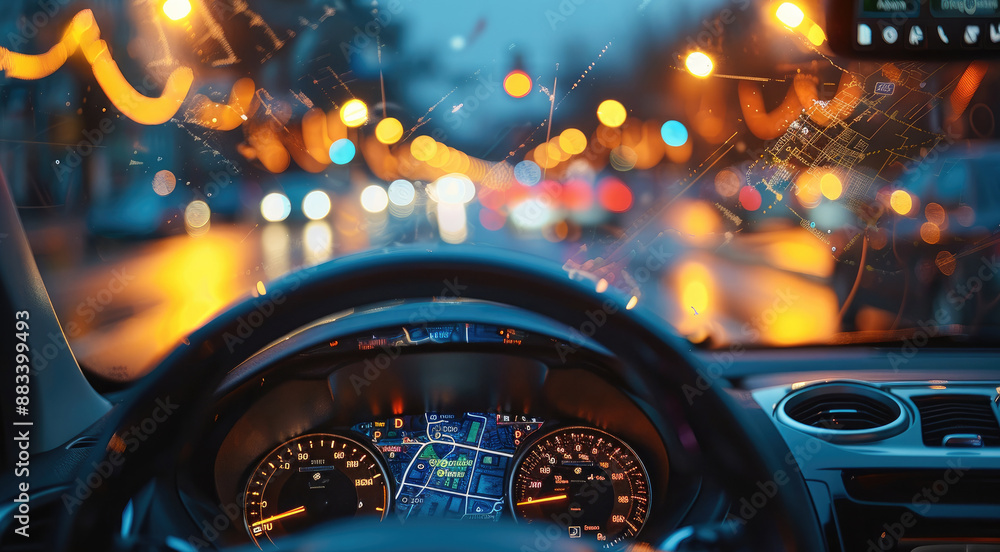Fototapete close-up of mobile navigation in the car, showing weak signal, soft lighting. generative ai.