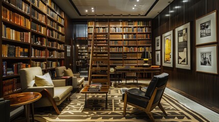 Obraz premium Explore the elegance of a mid-century library with a sophisticated interior design featuring classic furniture pieces, luxurious fabrics, and refined finishes. 