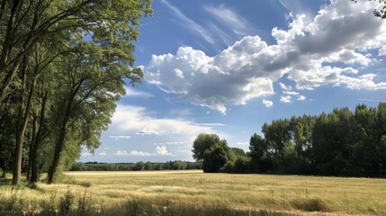 Obraz premium Clear sky with bright clouds over a field of trees, radiant and serene outdoor scene