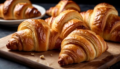 Fresh Baked Golden Croissants: Flaky French Pastries on Rustic Wooden Board