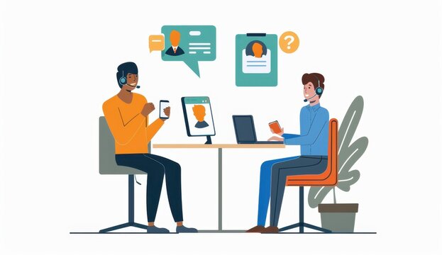  illustration shows two people talking over the phone One person holds an AI card with speech bubbles and question marks while sitting in front of a laptop screen Generative AI