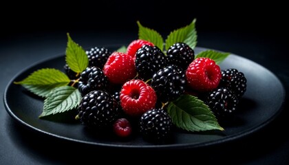 Fresh Raspberries and Blackberries on Dark Plate - Organic Summer Berries Closeup