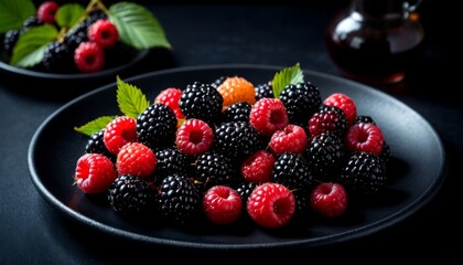 Fresh Raspberries and Blackberries on Dark Plate - Organic Summer Berries Closeup