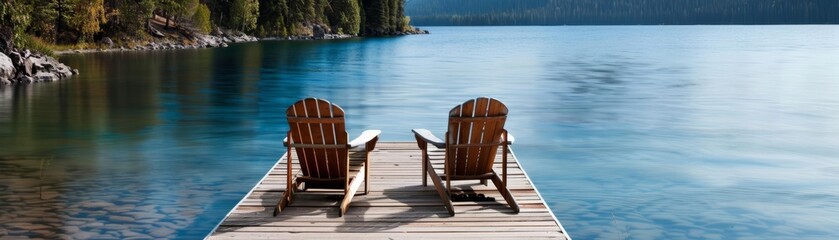 Fototapeta premium Serene lake with a dock, perfect for relaxation, surrounded by natural beauty and peaceful ambiance