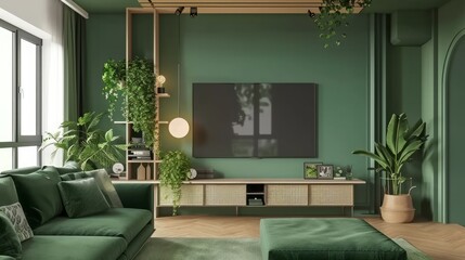 Green wall mounted tv on cabinet in living room, Generative Ai.