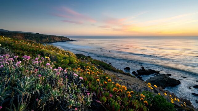 Shoreline with flowers in bloom under a gentle evening glow, serene and captivating coastal scenery