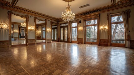 Suburban Victorian home with a grand ballroom, complete with crystal chandeliers, gilded mirrors, and a sprung dance floor for hosting events