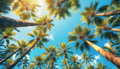 Towering Palms: Skyward View of a Tropical Canopy. A skyward perspective of towering palm trees converging against a clear blue sky, sun rays filtering through