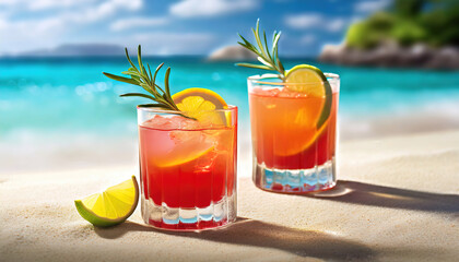 Obraz premium The colorful cocktails adorned with fruits, set on the white sandy beach of the Maldives, capture the essence of a tropical escape and the joy of relaxation. Panorama with copy space.