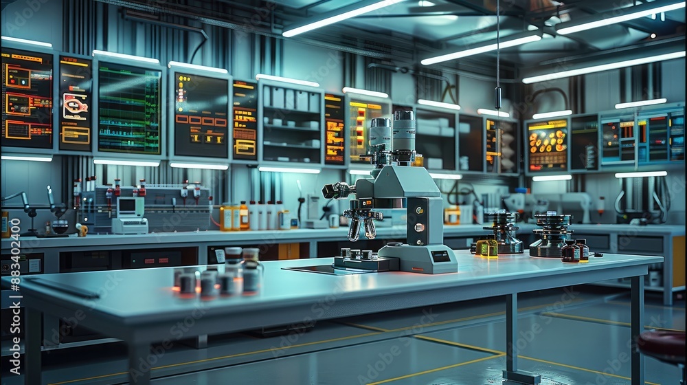 Fototapete a workbench in a warehouse or laboratory, equipped with tools for biotechnology, embedded systems, a