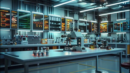 A workbench in a warehouse or laboratory, equipped with tools for biotechnology, embedded systems, and software development. Generative AI.