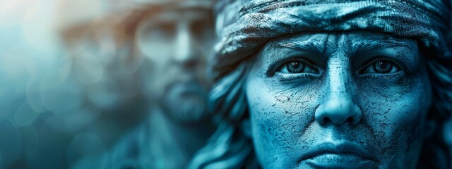  A tight shot of a statue's face, bearing blue pigmentation, against a hazy backdrop