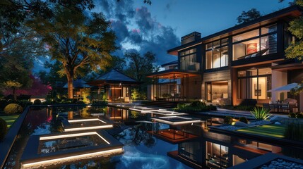 Night scene of a Suburban Contemporary home with outdoor LED path lighting and a reflective pool