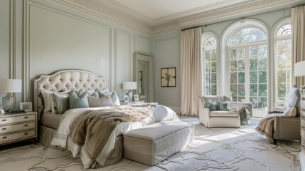 Explore the tranquility of a large luxury bedroom featuring powdery pastel colored walls and luxurious furniture bathed in natural sunlight. 