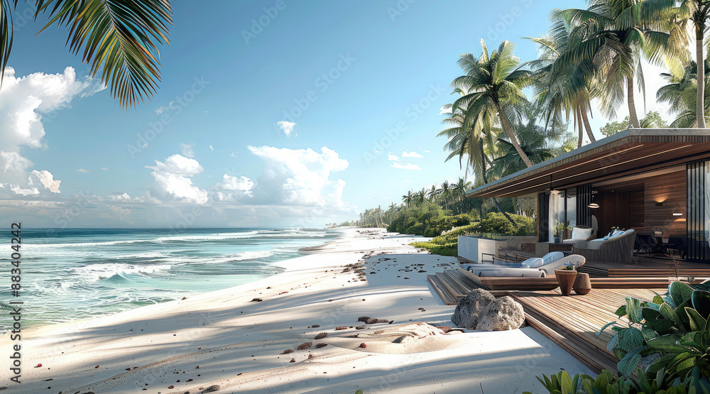 Poster A beachfront villa, its wooden deck extending to the sandy shore, palm trees swaying in the breeze. Generative AI.