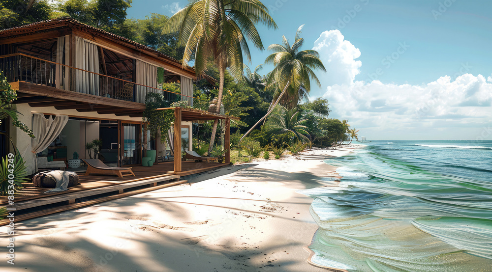 Poster A beachfront villa, its wooden deck extending to the sandy shore, palm trees swaying in the breeze. Generative AI.