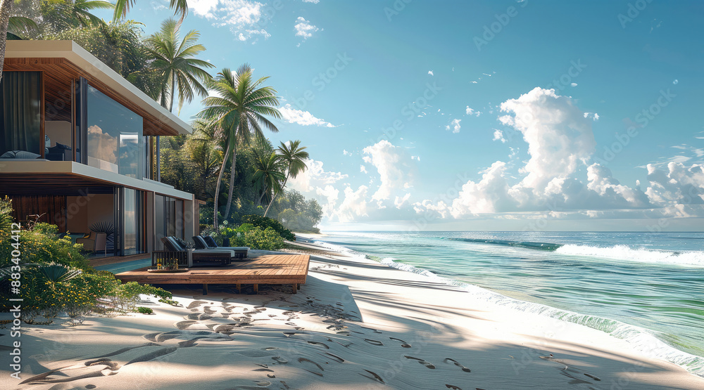 Poster A beachfront villa, its wooden deck extending to the sandy shore, palm trees swaying in the breeze. Generative AI.