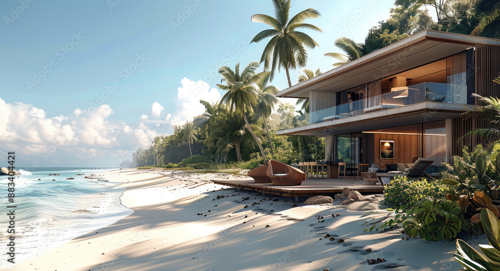 Poster a beachfront villa, its wooden deck extending to the sandy shore, palm trees swaying in the breeze. 