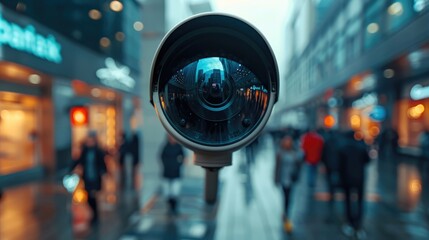 Close-up of a security camera lens reflecting panorama of business buildings looking secure and people walking around, night time. Generative AI.