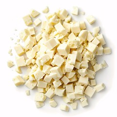 Heap of diced soft cheese isolated on white background, top view
