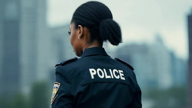 African American female police officers looking at camera in the city. Black woman cop at work 4k video