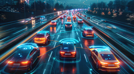 A high-tech illustration of the driving on highway, with blue holographic lines representing their path and various vehicles. surrounded by digital waves symbolizing advanced, auto safety technology.