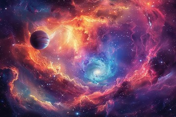 Obraz premium Colorful nebula with swirling galaxies and distant planet, showcasing the beauty and vastness of the universe.