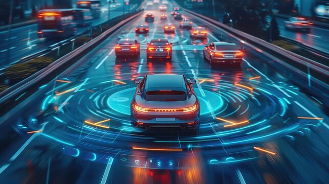 A high-tech illustration of the driving on highway, with blue holographic lines representing their path and various vehicles. surrounded by digital waves symbolizing advanced, auto safety technology.