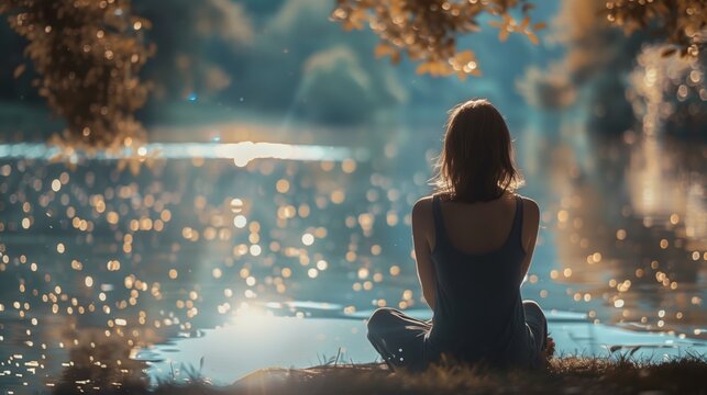  a woman by a tranquil lake, with a soft focus and bokeh effect accentuating the sparkling water and her peaceful demeanor. 