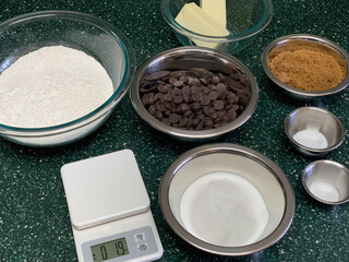 Baking ingredients for chocolate chip cookies.