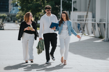 Three young business professionals walking and engaging in a work-related discussion outside. Two...